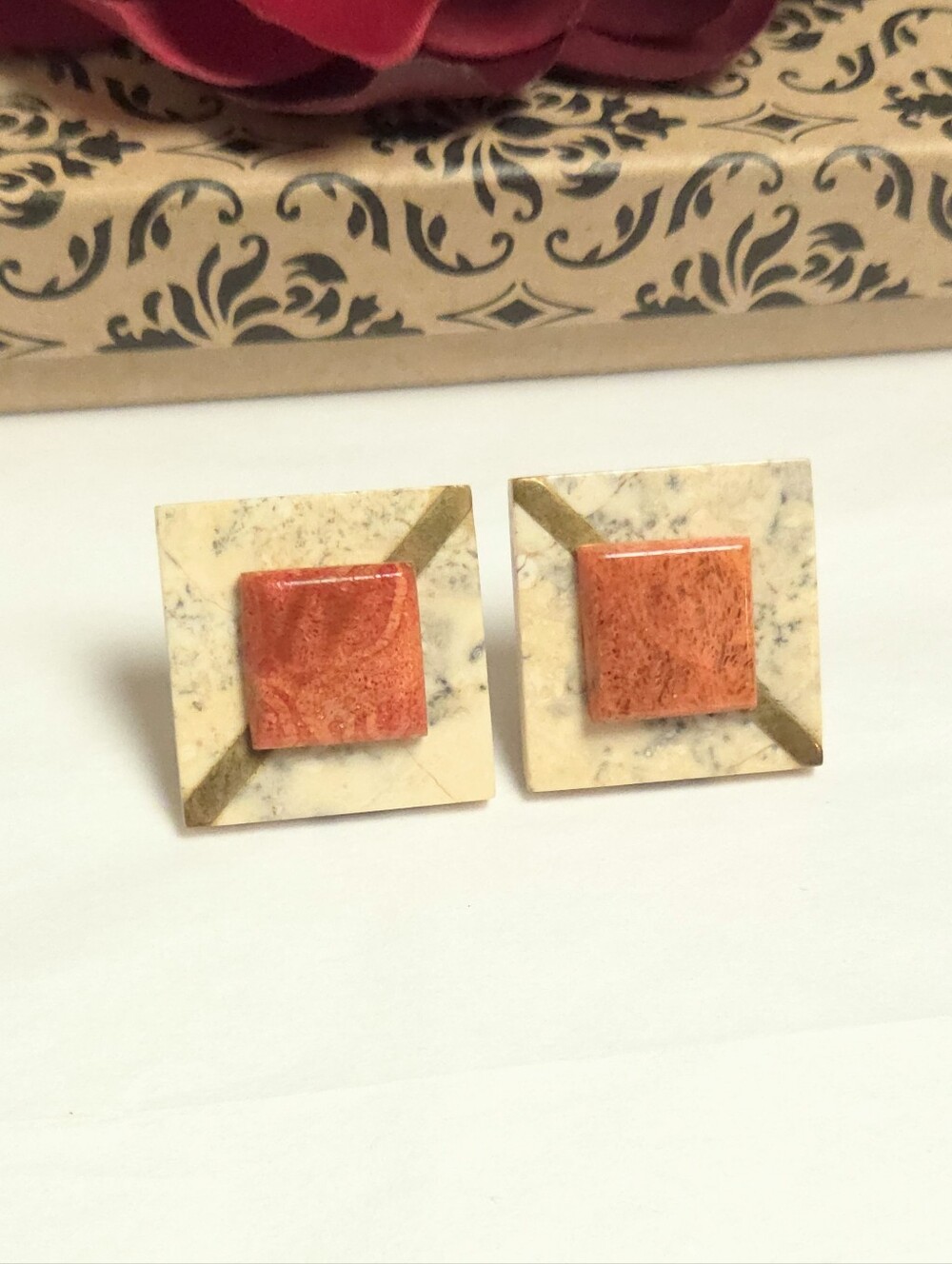 Vintage Genuine Sponge Coral & Marble Gold Striped Geometric Earrings Post